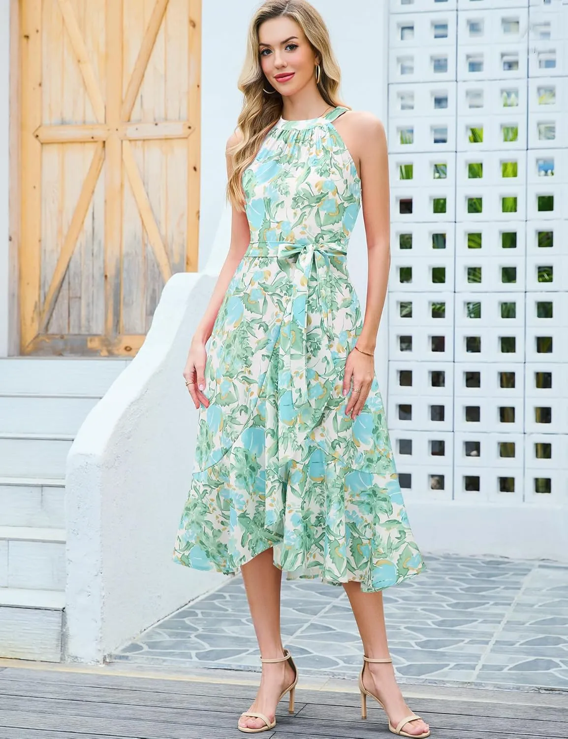 Dressystar Women's Floral Halter Dress 2025 Ruffles Long Summer Beach Wedding Guest Dresses Vacation Sundress