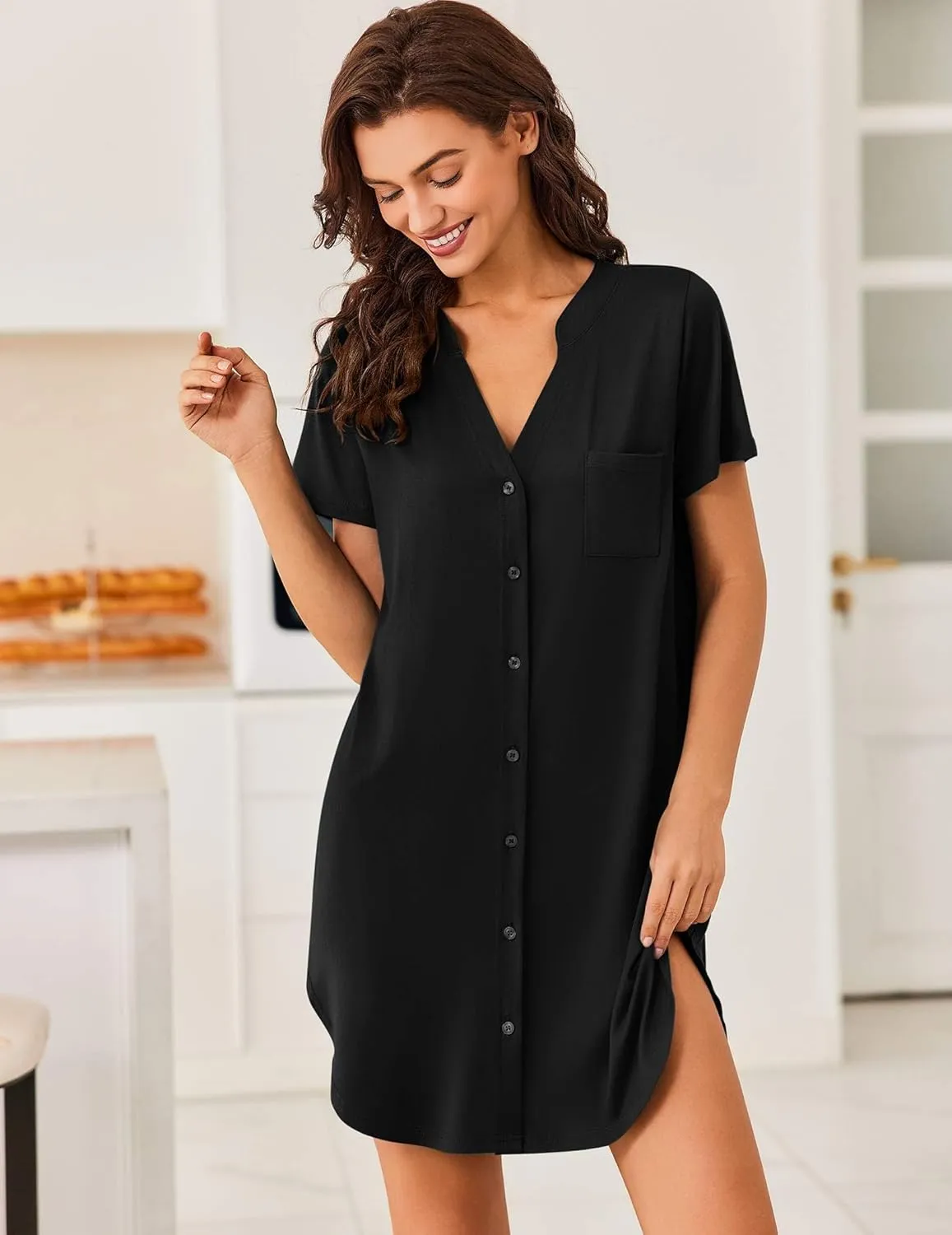 Ekouaer Women V Neck Button Down Nightgown
