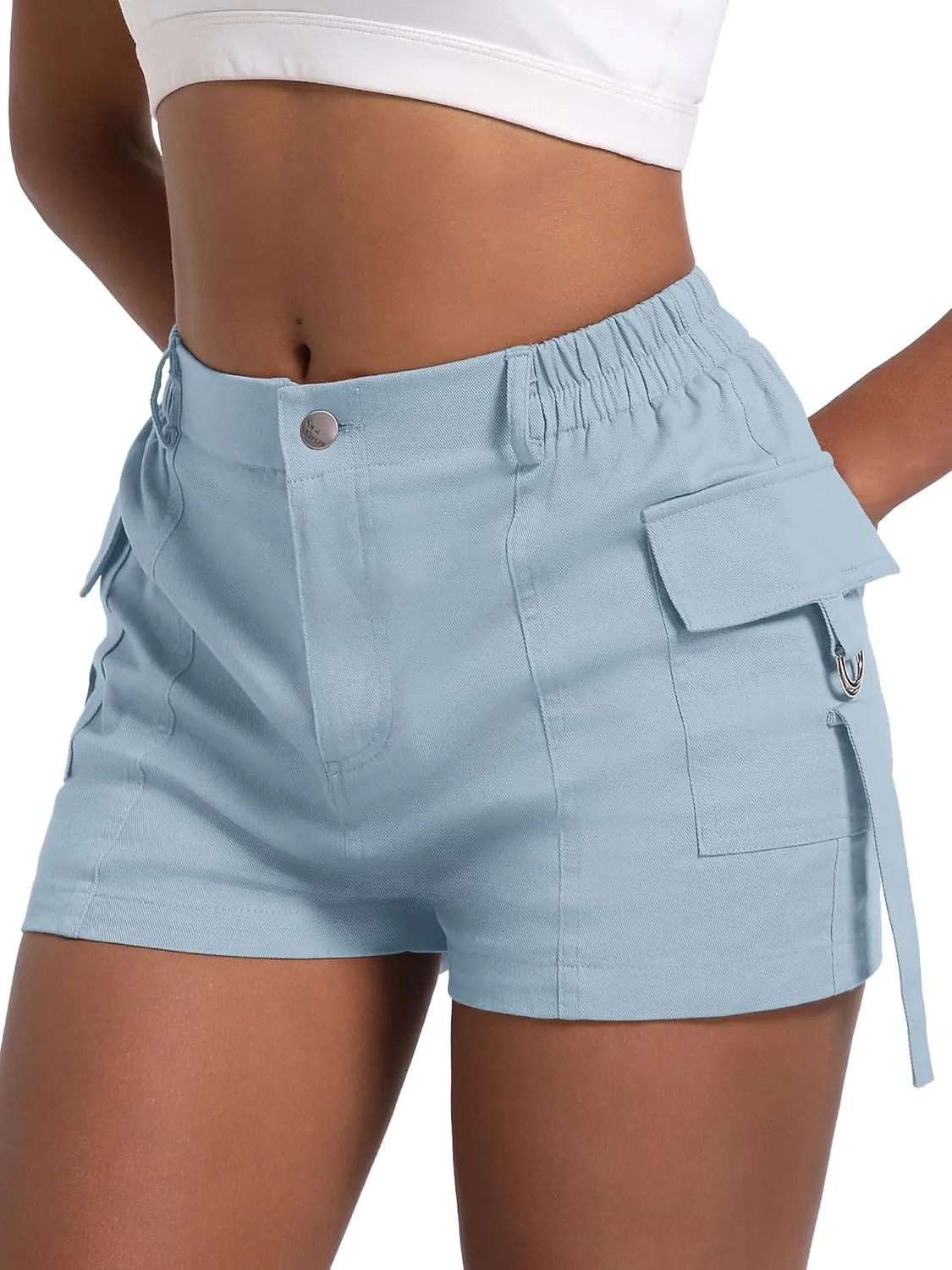 ELLEVEN High-Stretch Womens Cargo Shorts, Y2K Mini, High Waisted, Slim-Fitted Cut Off Shorts with Pockets