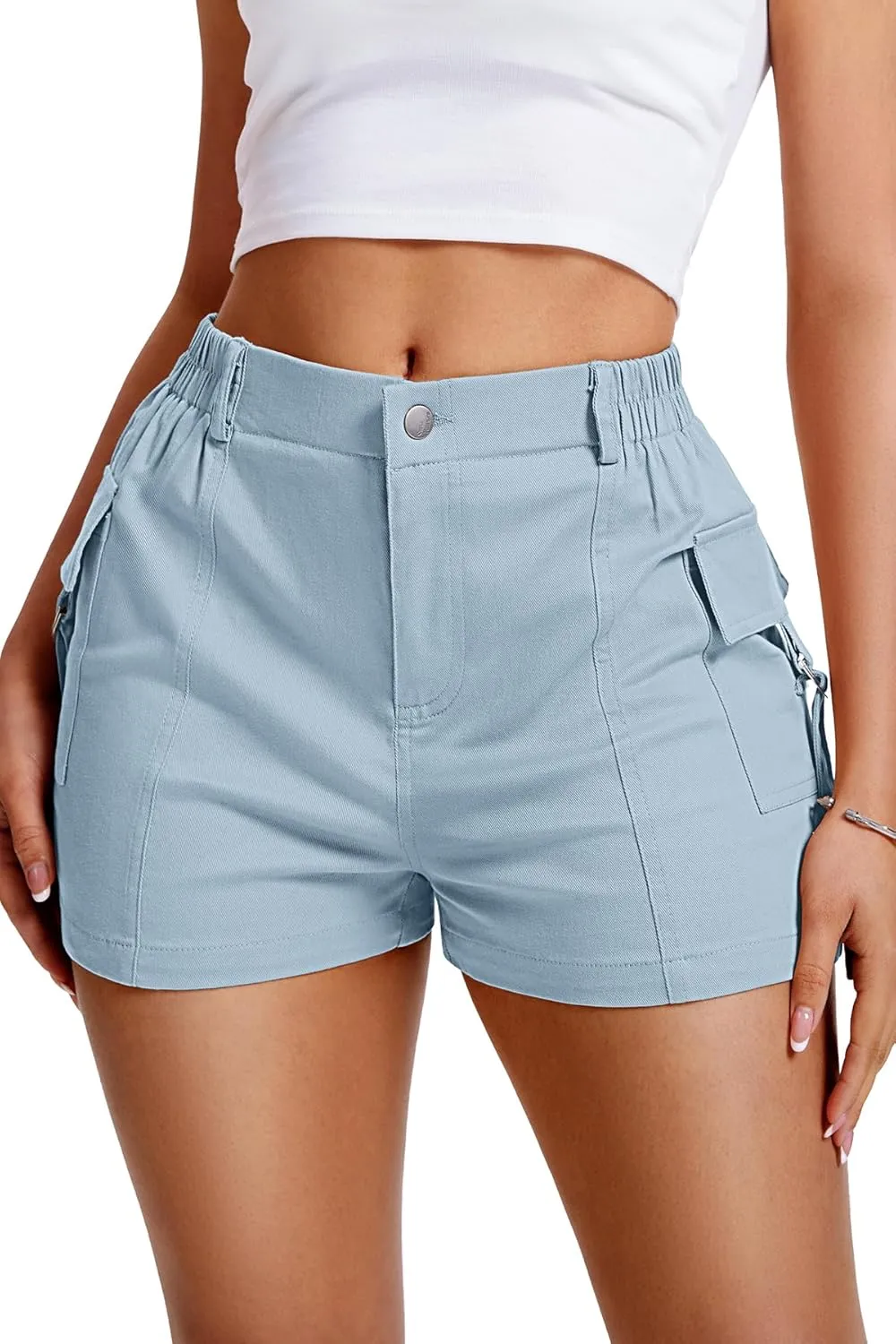 ELLEVEN High-Stretch Womens Cargo Shorts, Y2K Mini, High Waisted, Slim-Fitted Cut Off Shorts with Pockets