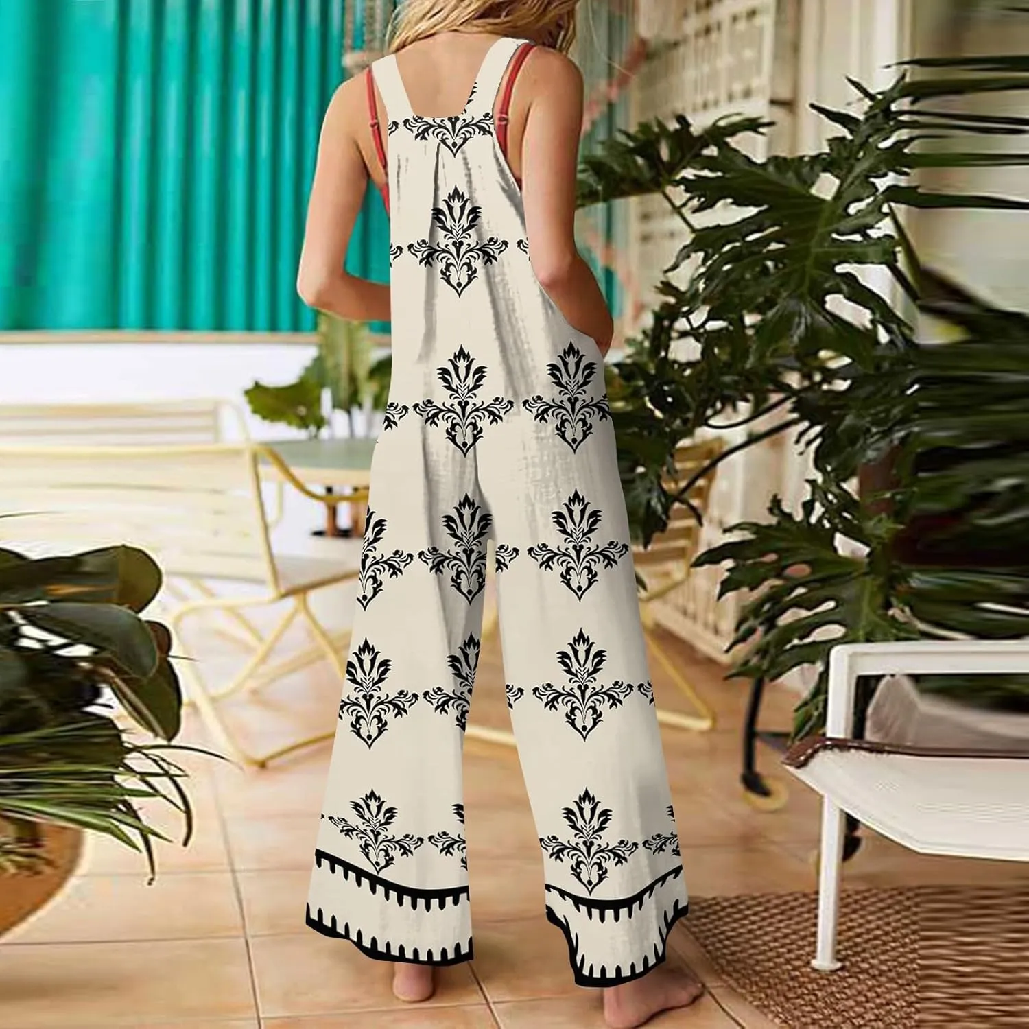 fanmpghleoo Linen Overalls for Women Loose Fit Boho Wide Leg Jumpsuit with Pockets Square Neck Bib Beach Sleeveless Romper