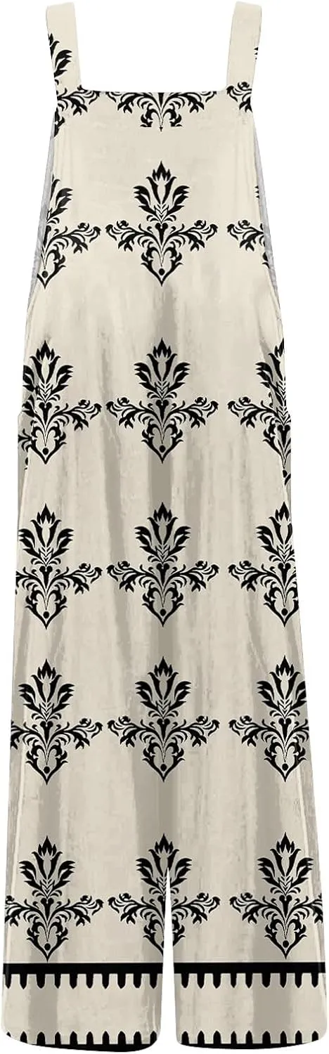 fanmpghleoo Linen Overalls for Women Loose Fit Boho Wide Leg Jumpsuit with Pockets Square Neck Bib Beach Sleeveless Romper