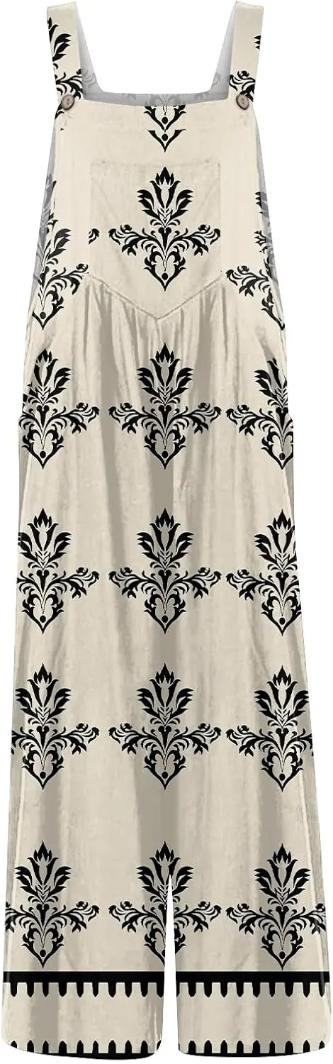 fanmpghleoo Linen Overalls for Women Loose Fit Boho Wide Leg Jumpsuit with Pockets Square Neck Bib Beach Sleeveless Romper