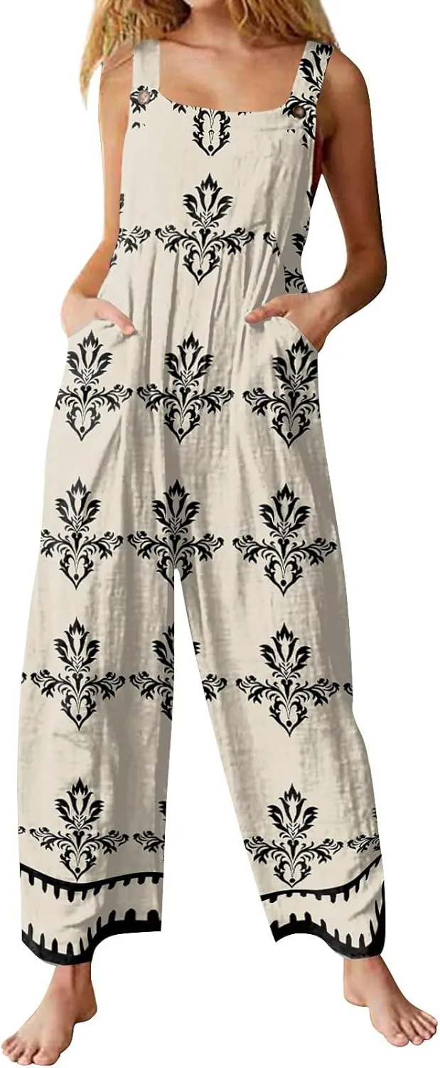 fanmpghleoo Linen Overalls for Women Loose Fit Boho Wide Leg Jumpsuit with Pockets Square Neck Bib Beach Sleeveless Romper