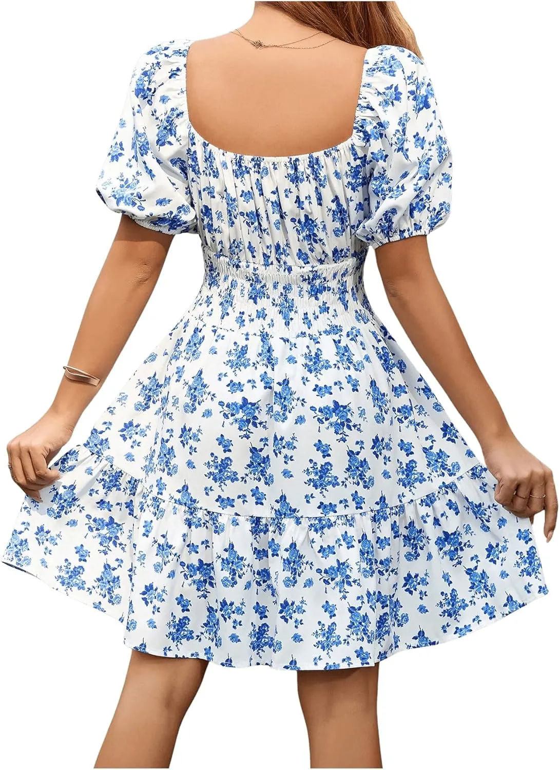 Floerns Women's Boho Square Neck Puff Short Sleeve Self Tie Front A Line Dress