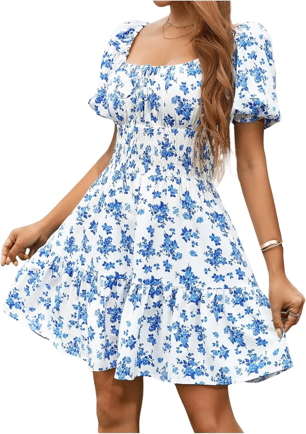 Floerns Women's Boho Square Neck Puff Short Sleeve Self Tie Front A Line Dress