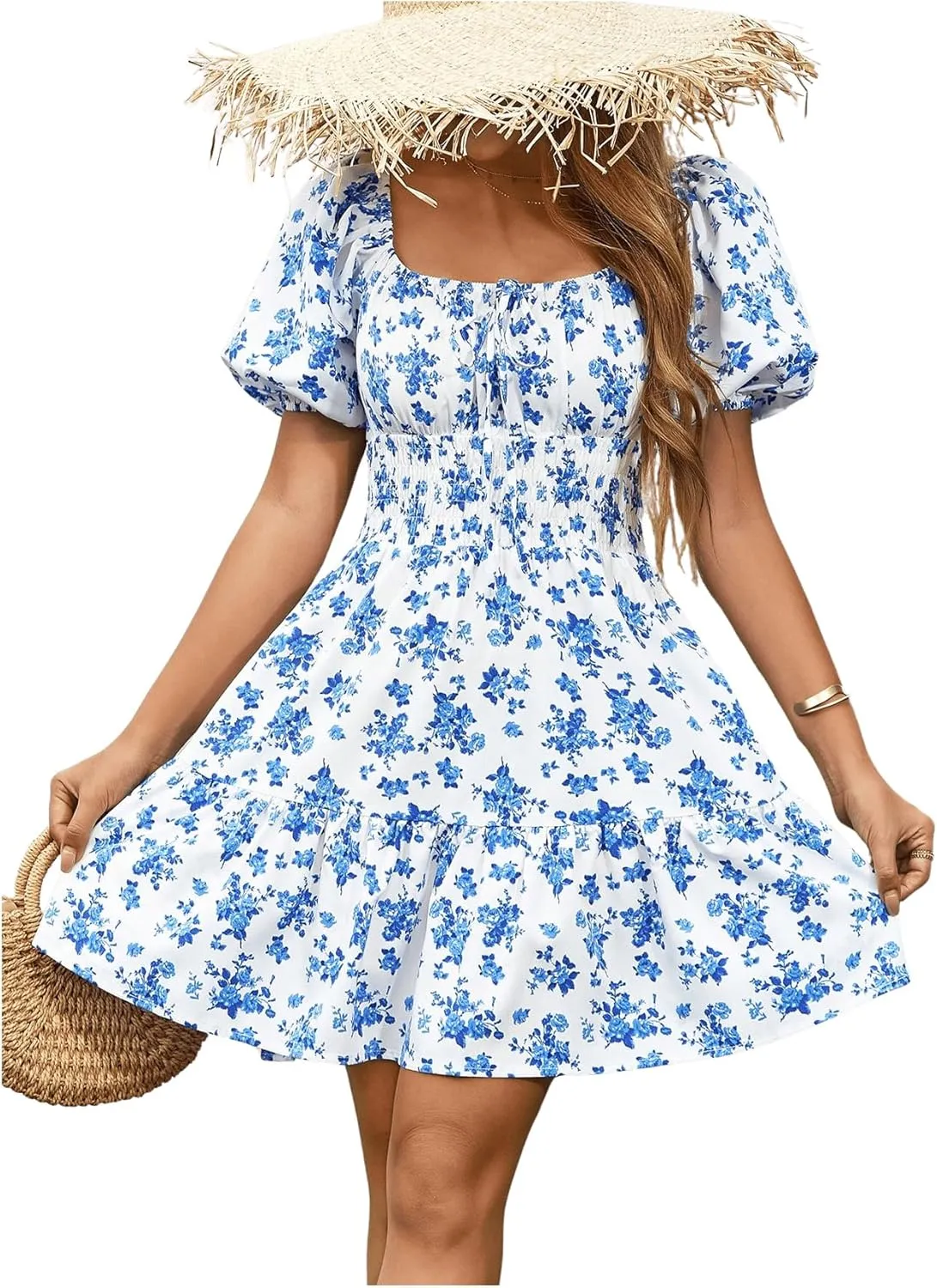 Floerns Women's Boho Square Neck Puff Short Sleeve Self Tie Front A Line Dress