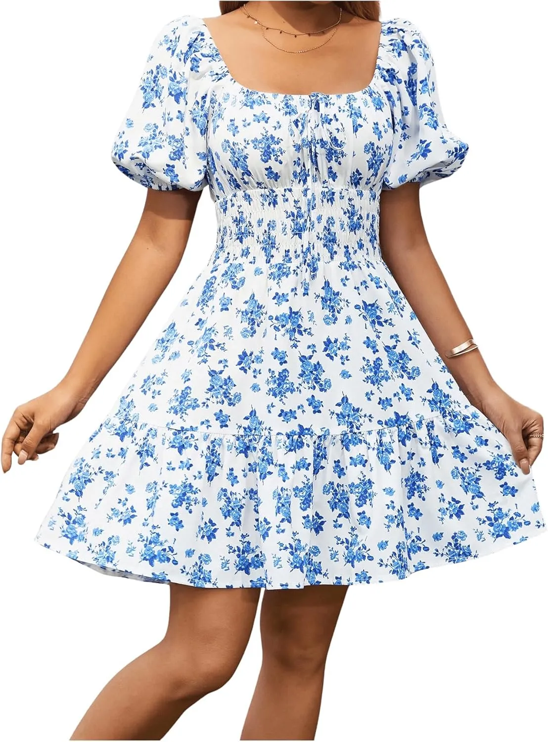 Floerns Women's Boho Square Neck Puff Short Sleeve Self Tie Front A Line Dress