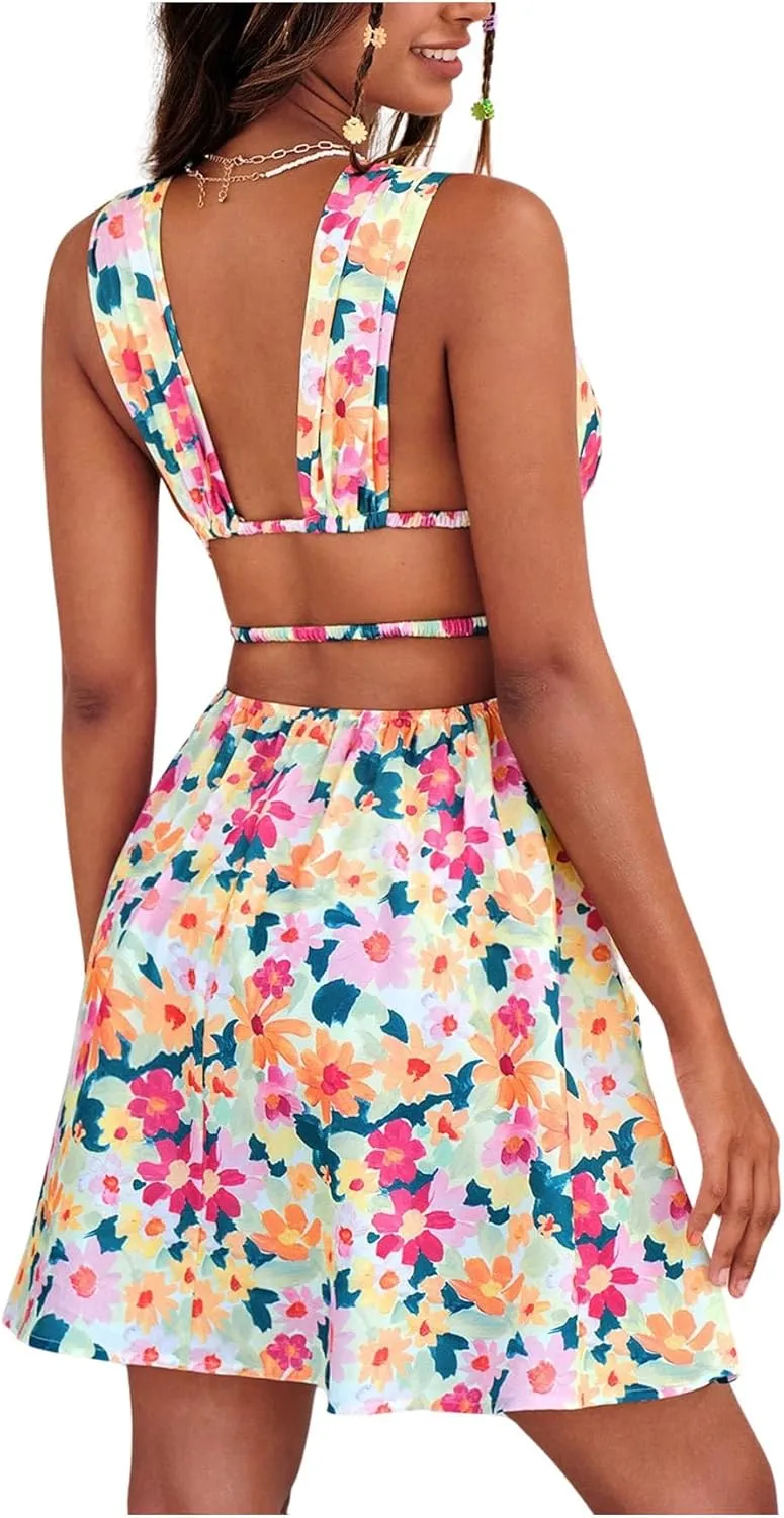 Floerns Women's Cut Out Backless Sleeveless Shirred Floral A Line Short Dress