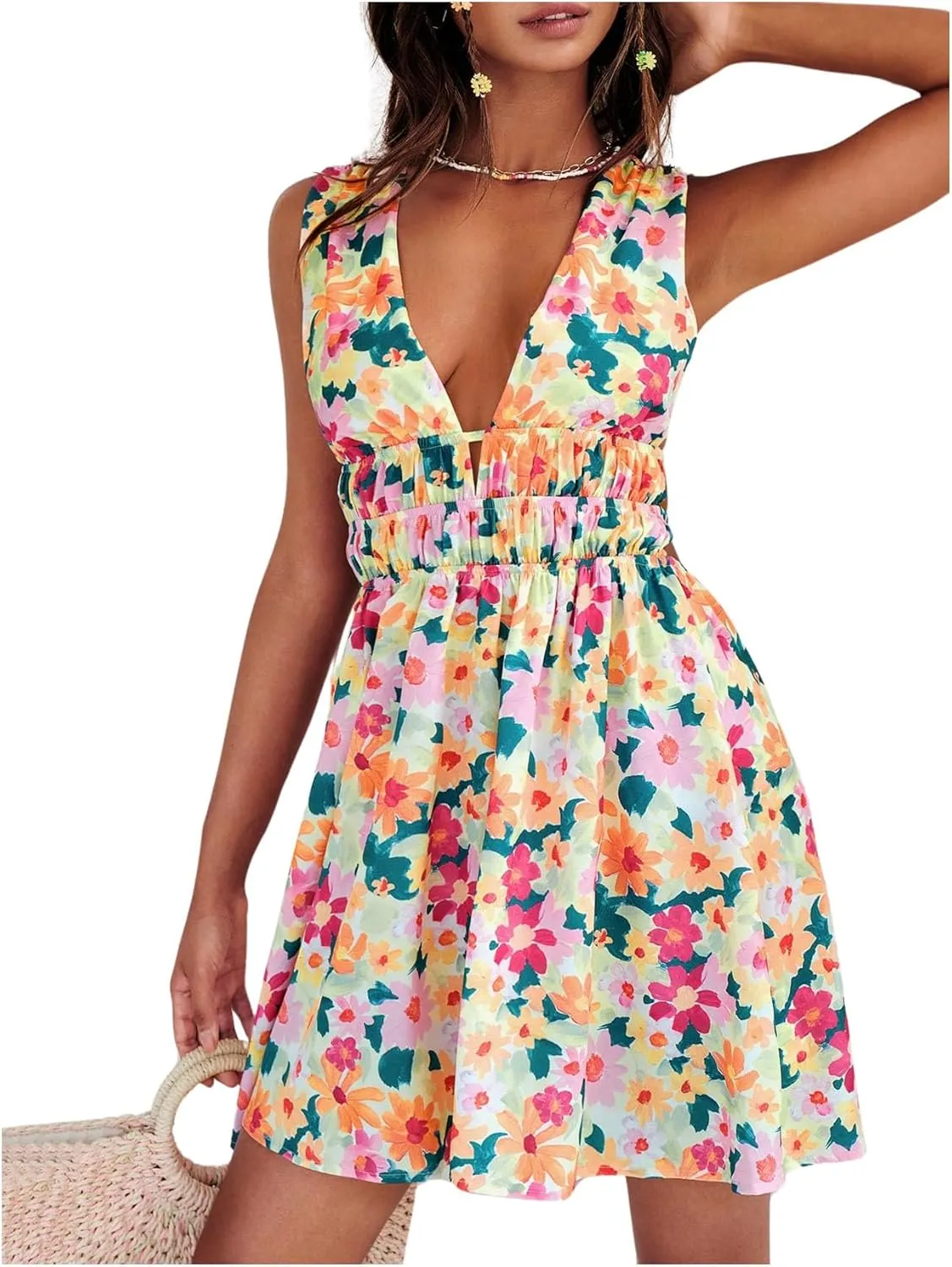 Floerns Women's Cut Out Backless Sleeveless Shirred Floral A Line Short Dress