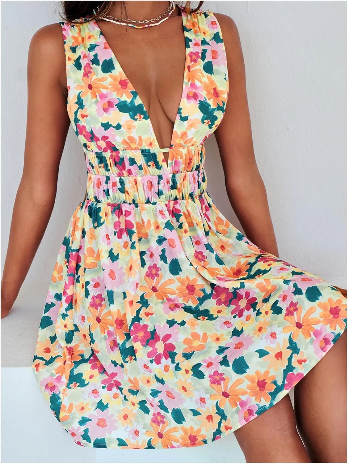 Floerns Women's Cut Out Backless Sleeveless Shirred Floral A Line Short Dress