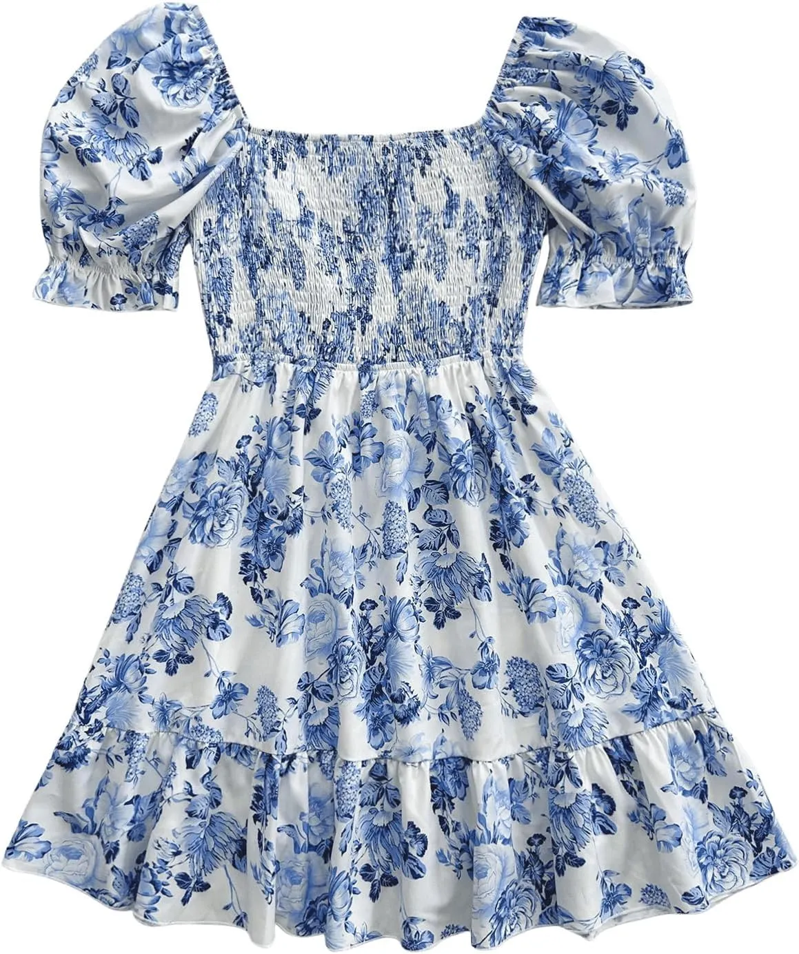 Floerns Women's Floral Puff Short Sleeve A Line Dress Ruffle Hem Boho Dresses