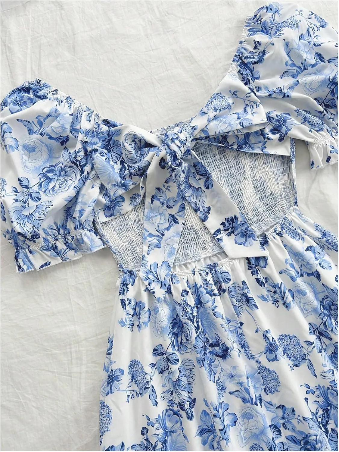 Floerns Women's Floral Puff Short Sleeve A Line Dress Ruffle Hem Boho Dresses