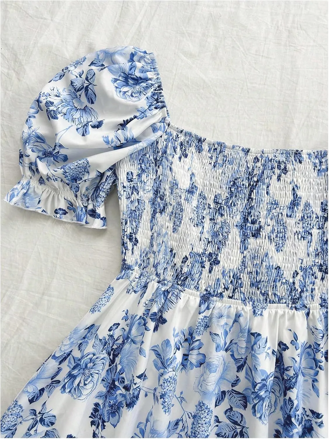 Floerns Women's Floral Puff Short Sleeve A Line Dress Ruffle Hem Boho Dresses