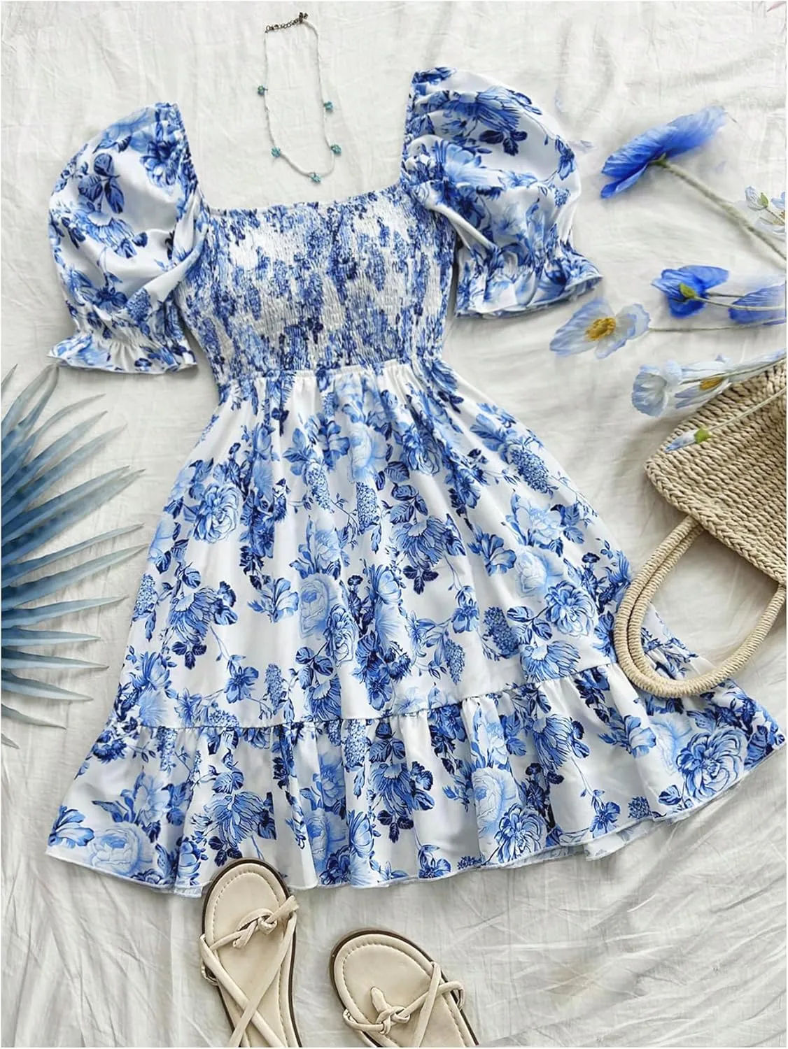 Floerns Women's Floral Puff Short Sleeve A Line Dress Ruffle Hem Boho Dresses