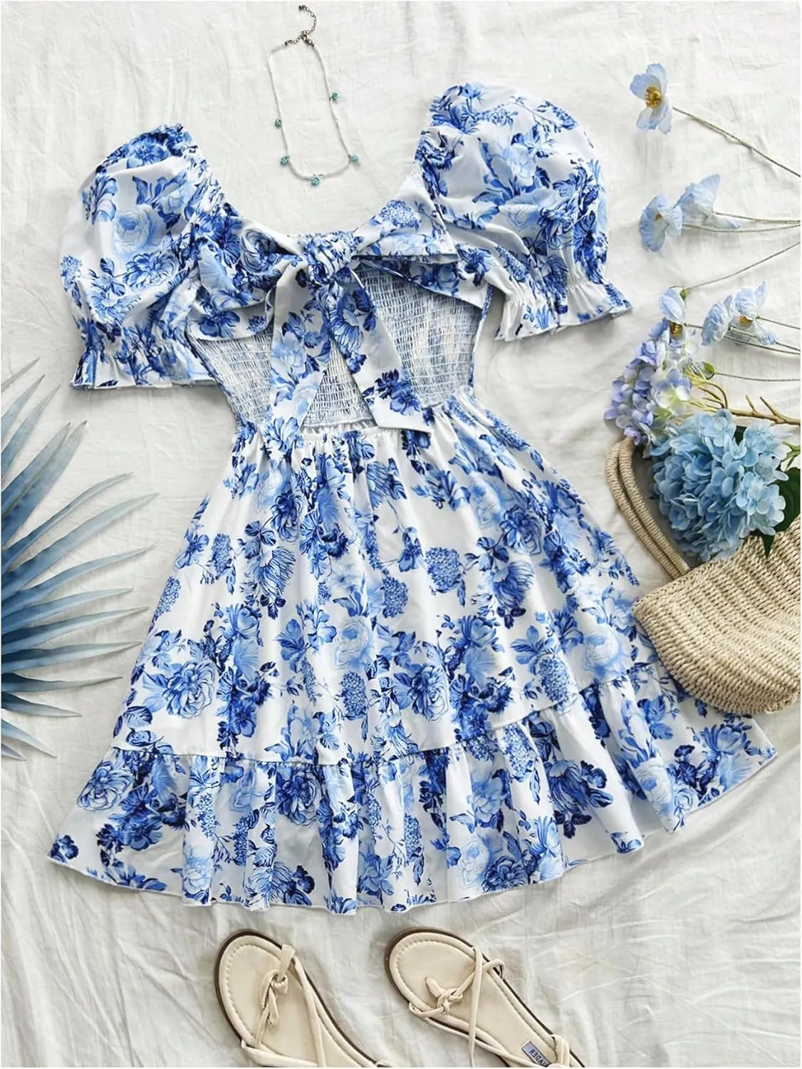 Floerns Women's Floral Puff Short Sleeve A Line Dress Ruffle Hem Boho Dresses