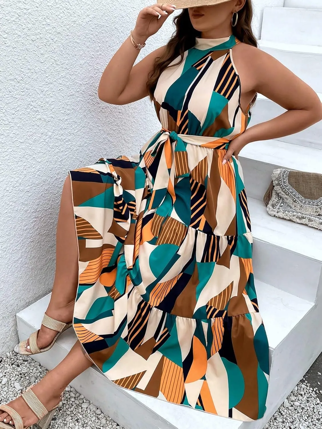 Floerns Women's Plus Size Boho Sleeveless Halter Neck Tie Back A Line Long Dress