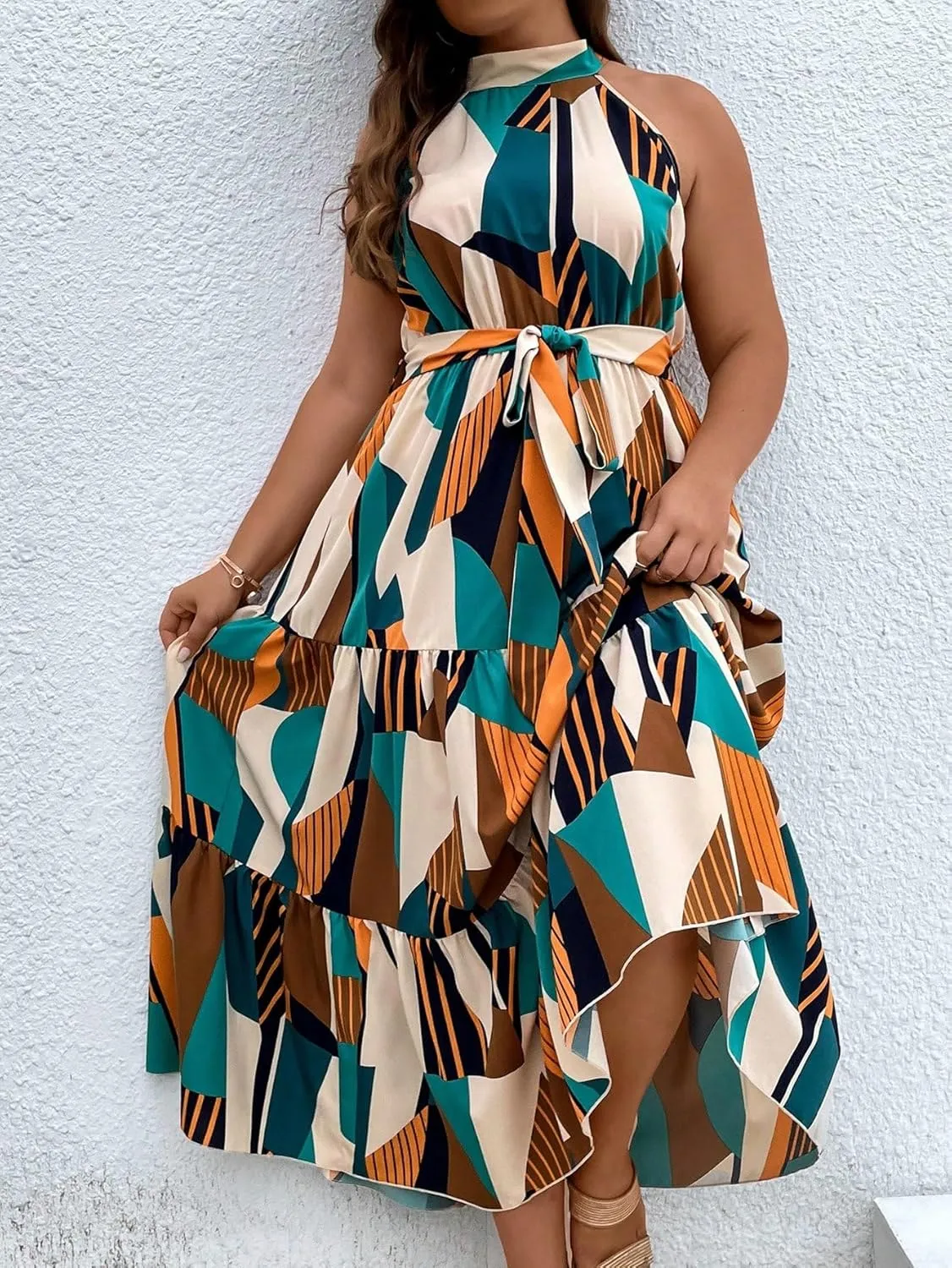 Floerns Women's Plus Size Boho Sleeveless Halter Neck Tie Back A Line Long Dress