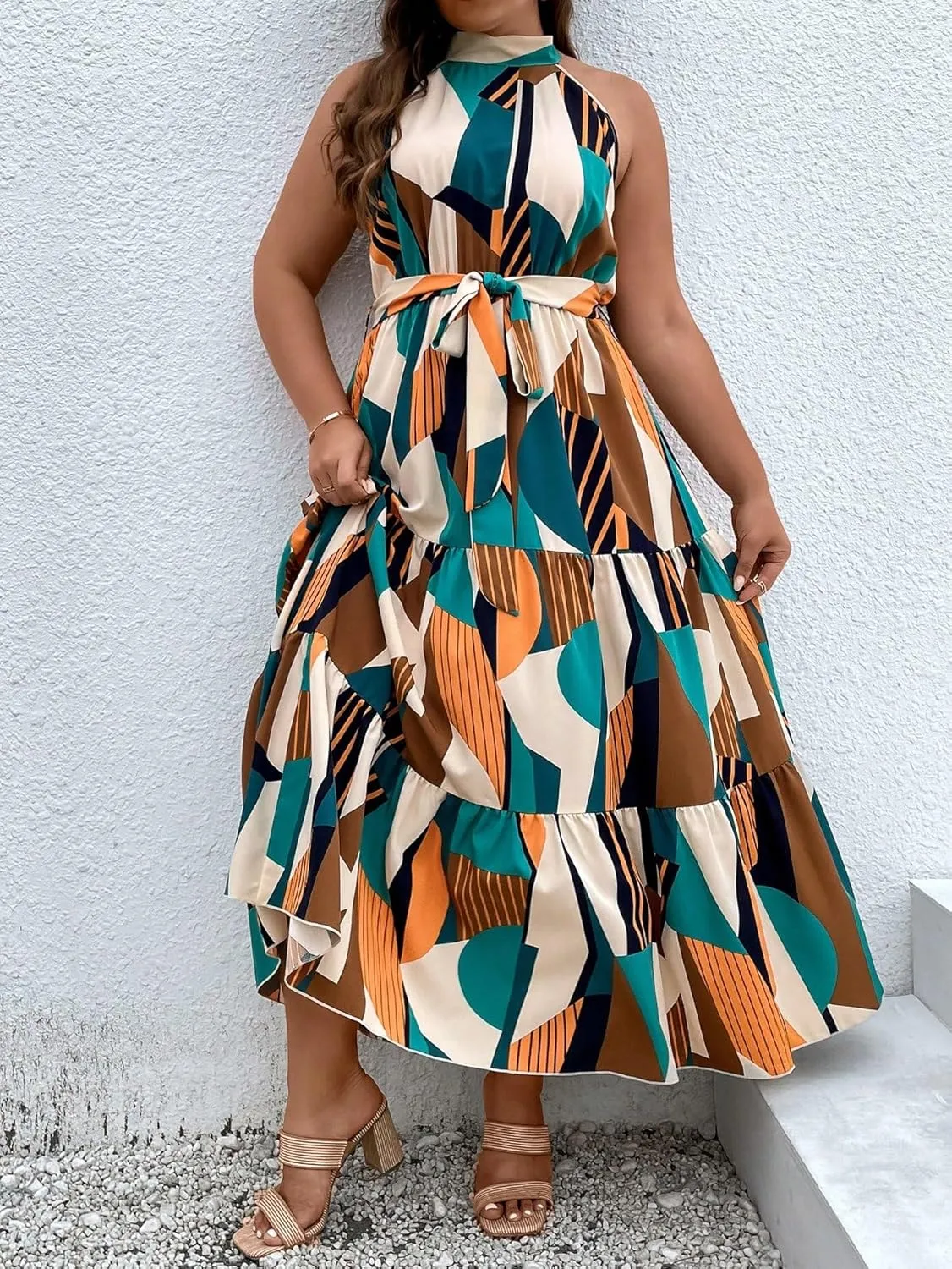 Floerns Women's Plus Size Boho Sleeveless Halter Neck Tie Back A Line Long Dress