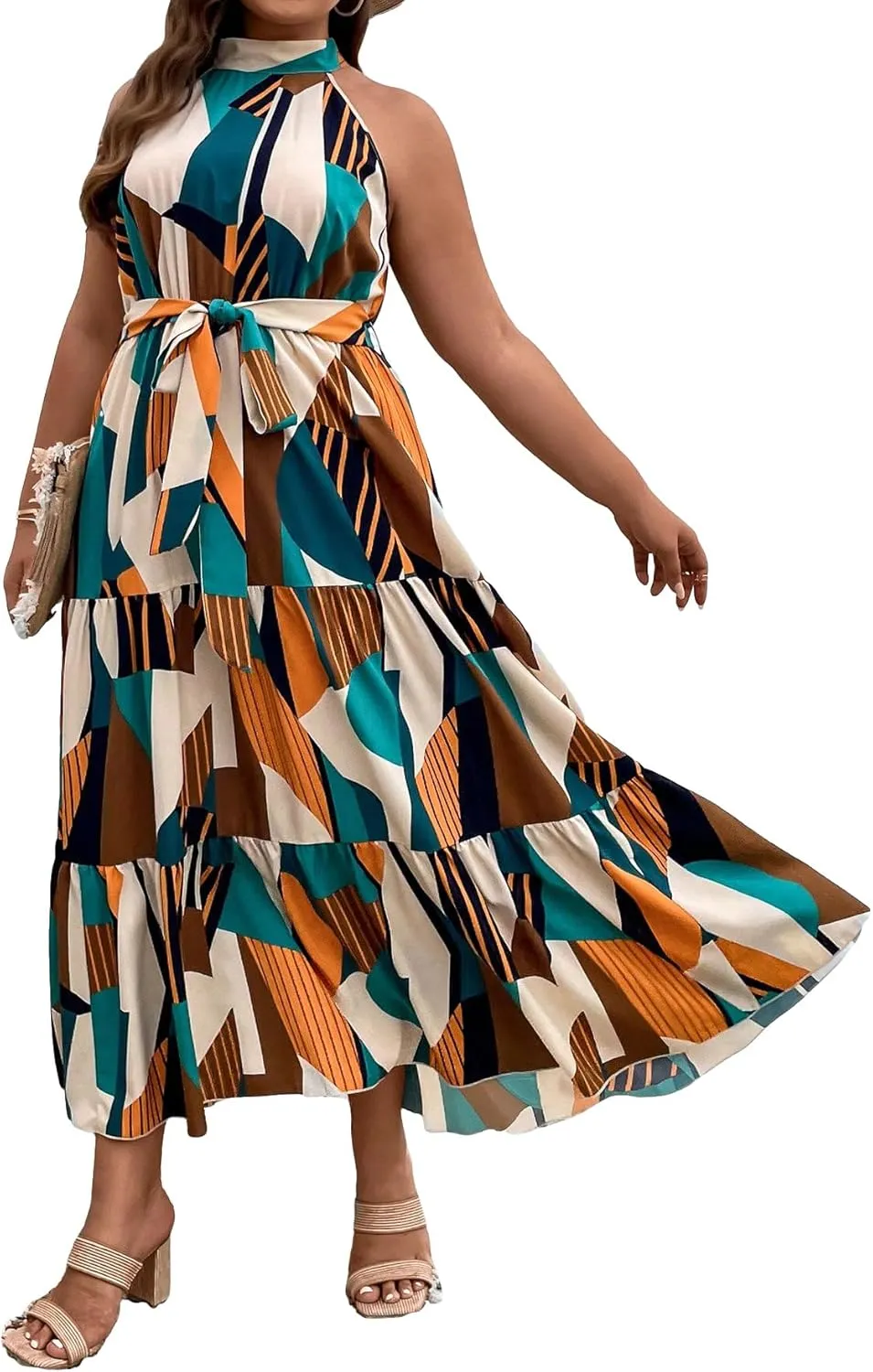 Floerns Women's Plus Size Boho Sleeveless Halter Neck Tie Back A Line Long Dress