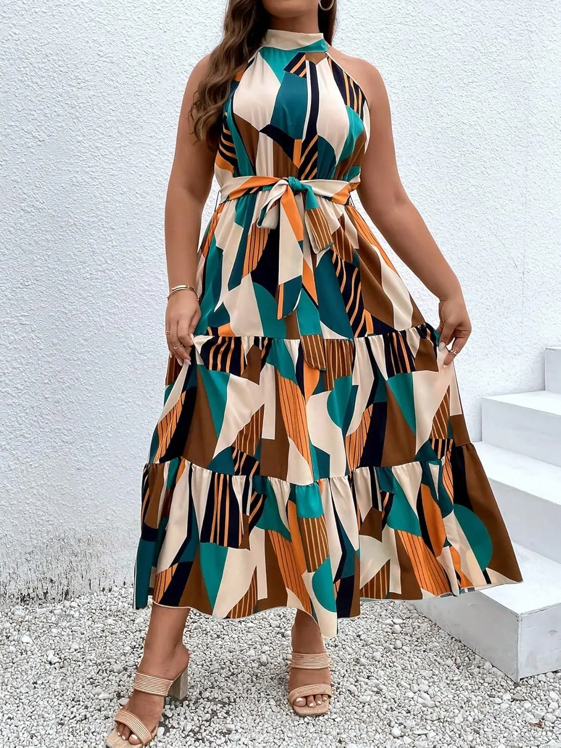 Floerns Women's Plus Size Boho Sleeveless Halter Neck Tie Back A Line Long Dress