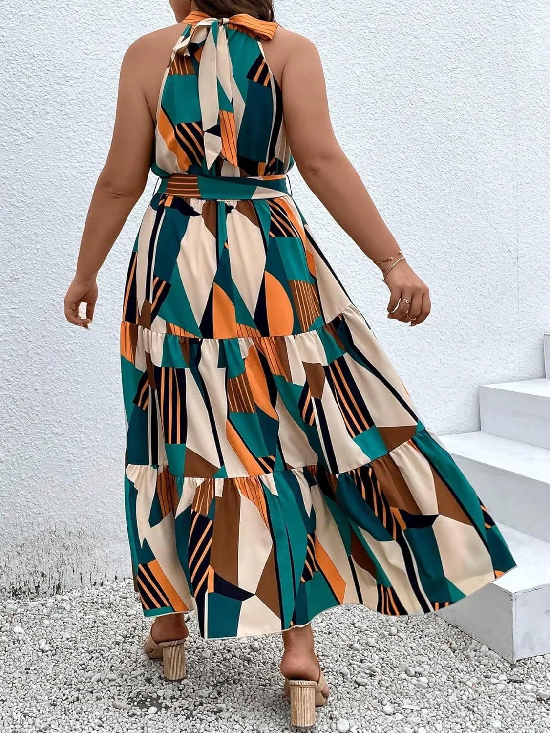 Floerns Women's Plus Size Boho Sleeveless Halter Neck Tie Back A Line Long Dress