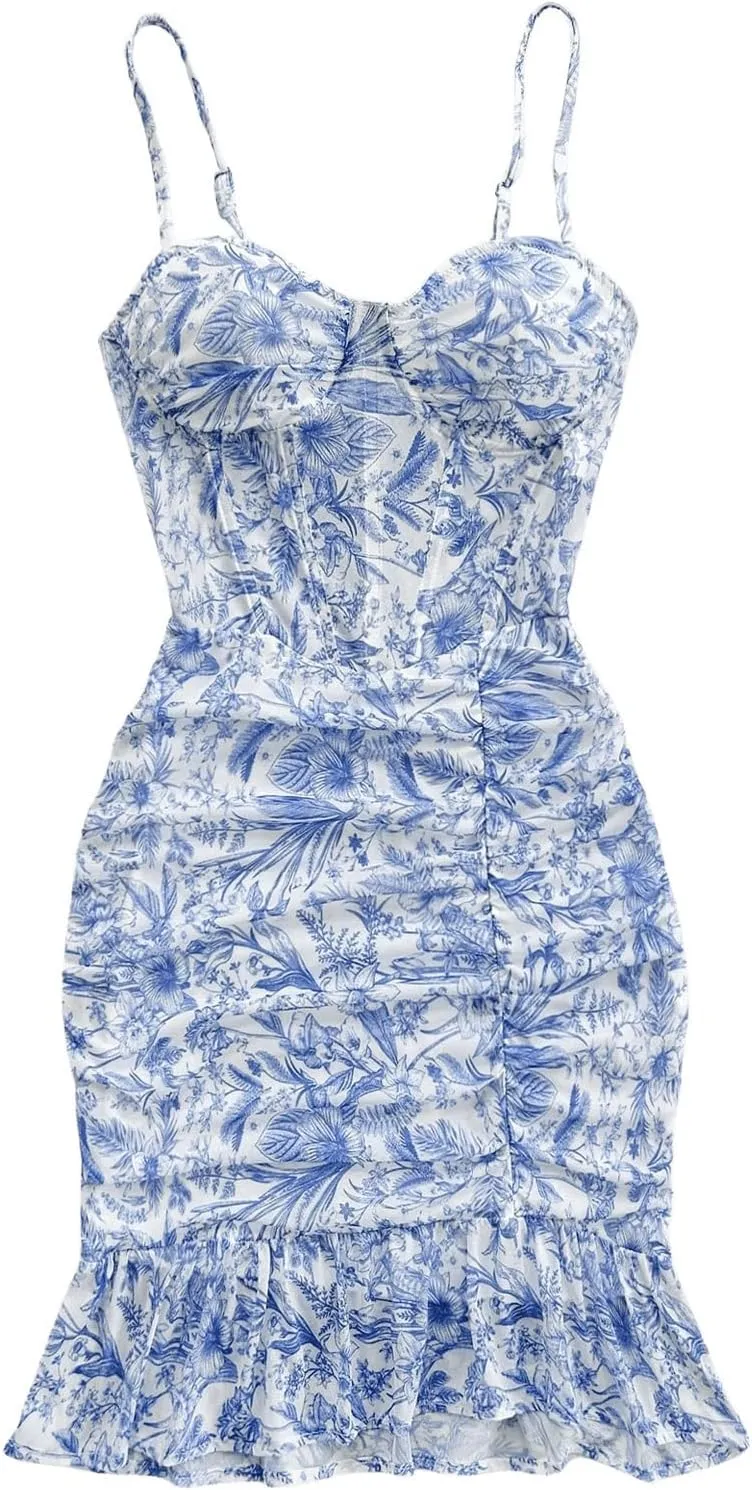 Floerns Women's Summer Sleeveless Cami Dresses Floral Ruffle Hem Boho Short Dress