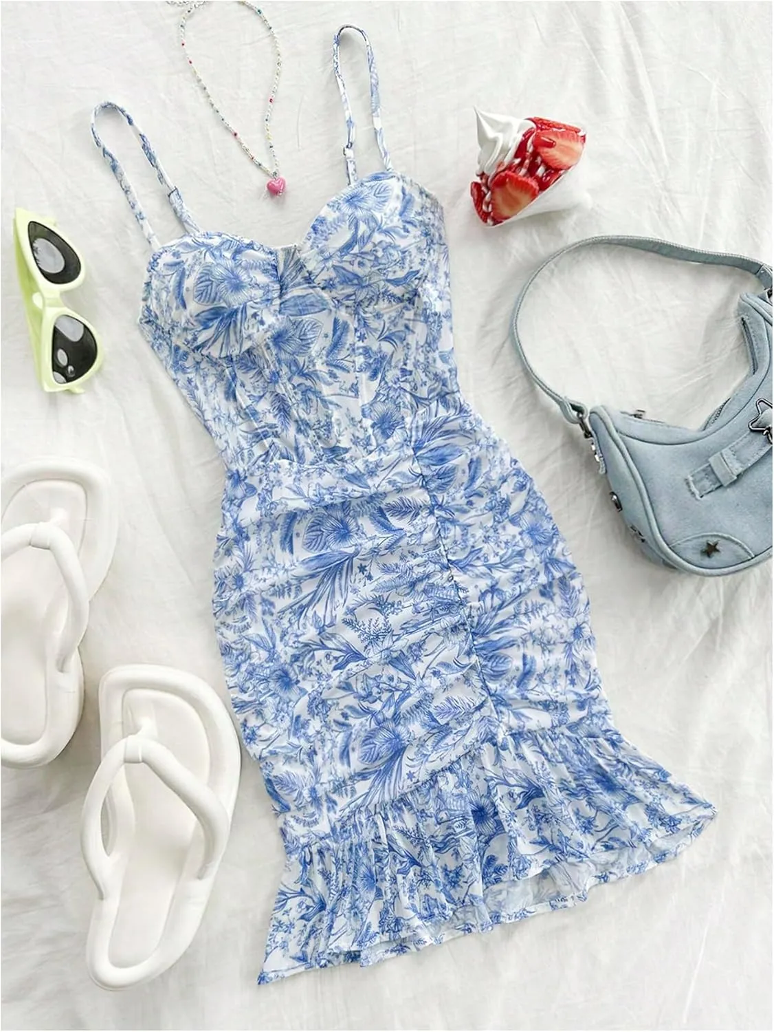 Floerns Women's Summer Sleeveless Cami Dresses Floral Ruffle Hem Boho Short Dress