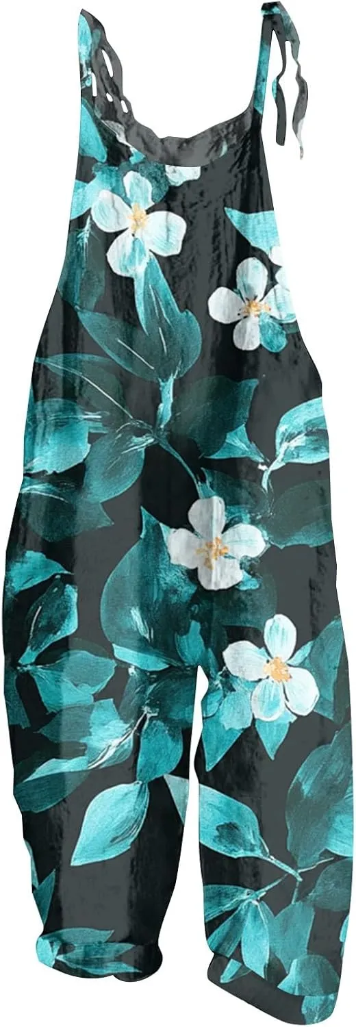 Floral Jumpsuits for Women Dressy Casual Sleeveless Rompers Summer 2025 Overalls Adjustable with Pocket