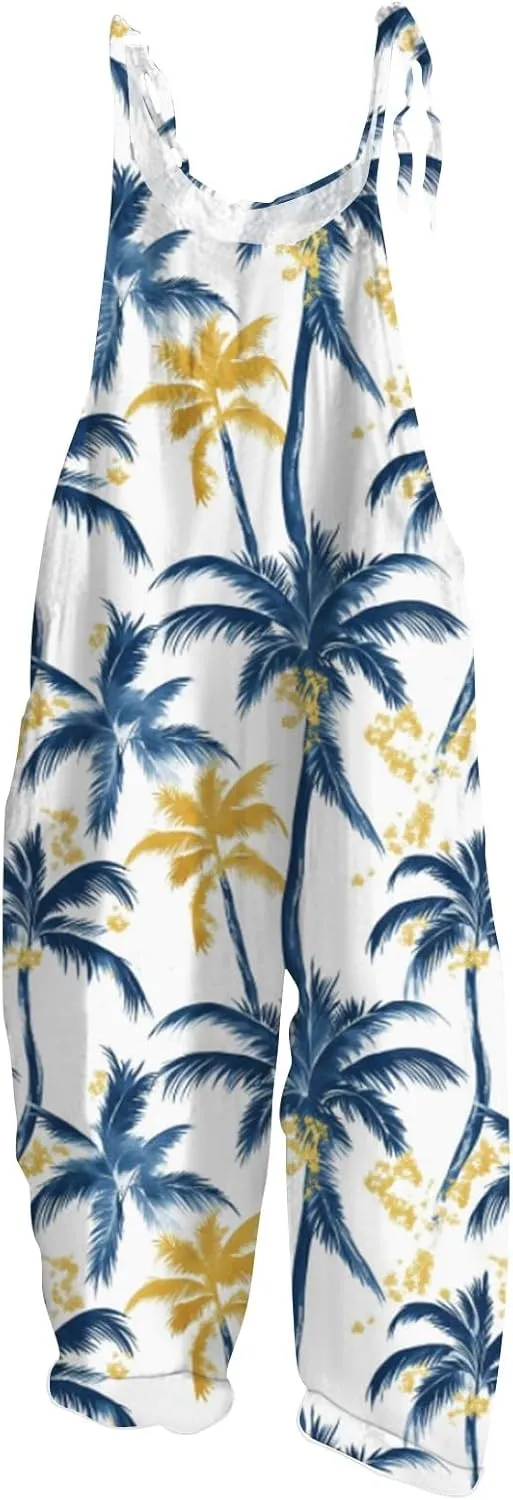 Floral Jumpsuits for Women Dressy Sleeveless Rompers Summer 2025 Overalls Adjustable Jumpsuit with Pocket