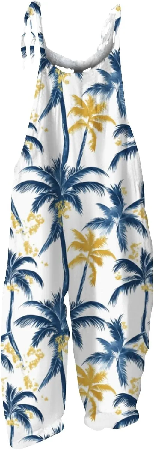Floral Jumpsuits for Women Dressy Sleeveless Rompers Summer 2025 Overalls Adjustable Jumpsuit with Pocket