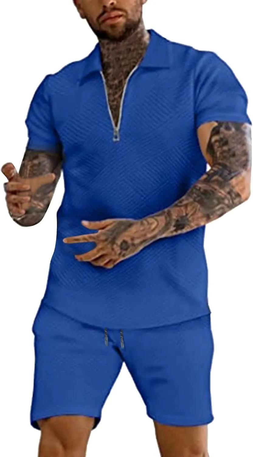 Fxbar Mens Summer Beach 2 Piece Outfits Short Sleeve Casual Polo Shirt & Shorts Set Vacation Essentials Plus Size Outfits