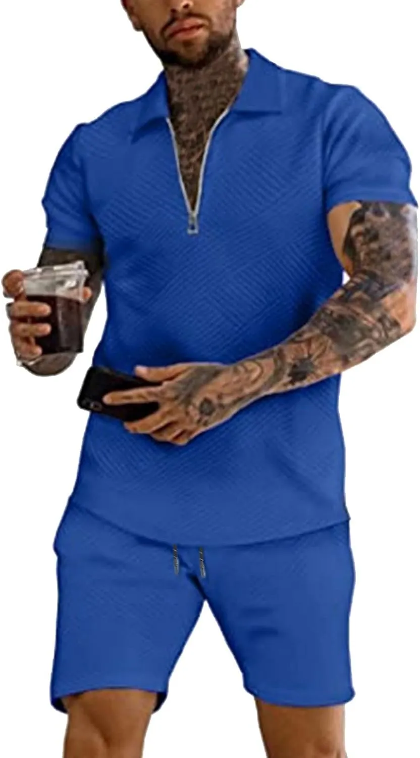 Fxbar Mens Summer Beach 2 Piece Outfits Short Sleeve Casual Polo Shirt & Shorts Set Vacation Essentials Plus Size Outfits