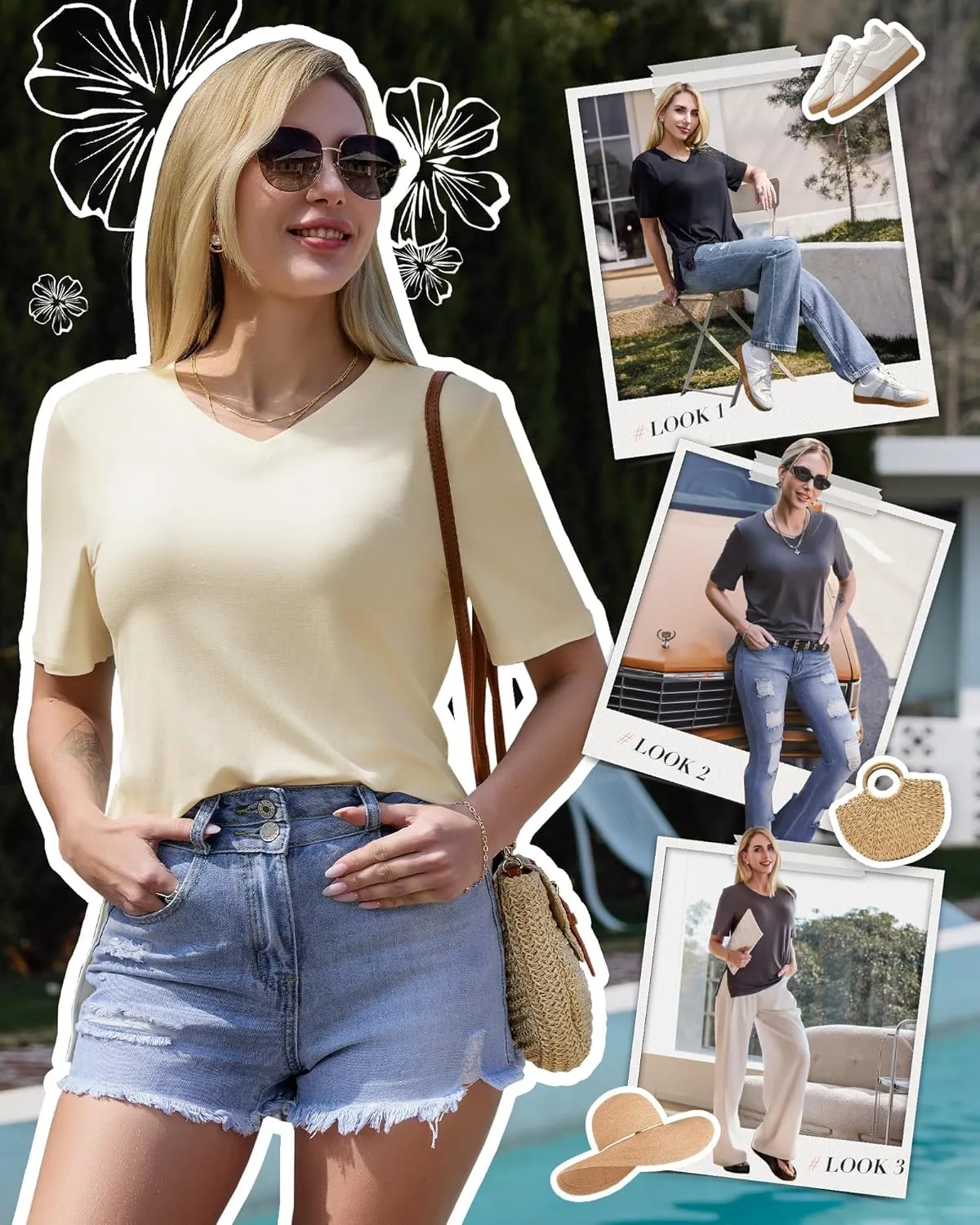 GAYHAY Womens V Neck T Shirts Oversized Loose Fit Short Sleeve Tops Casual Summer Vacation 2025