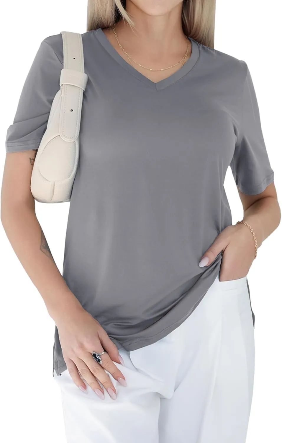 GAYHAY Womens V Neck T Shirts Oversized Loose Fit Short Sleeve Tops Casual Summer Vacation 2025