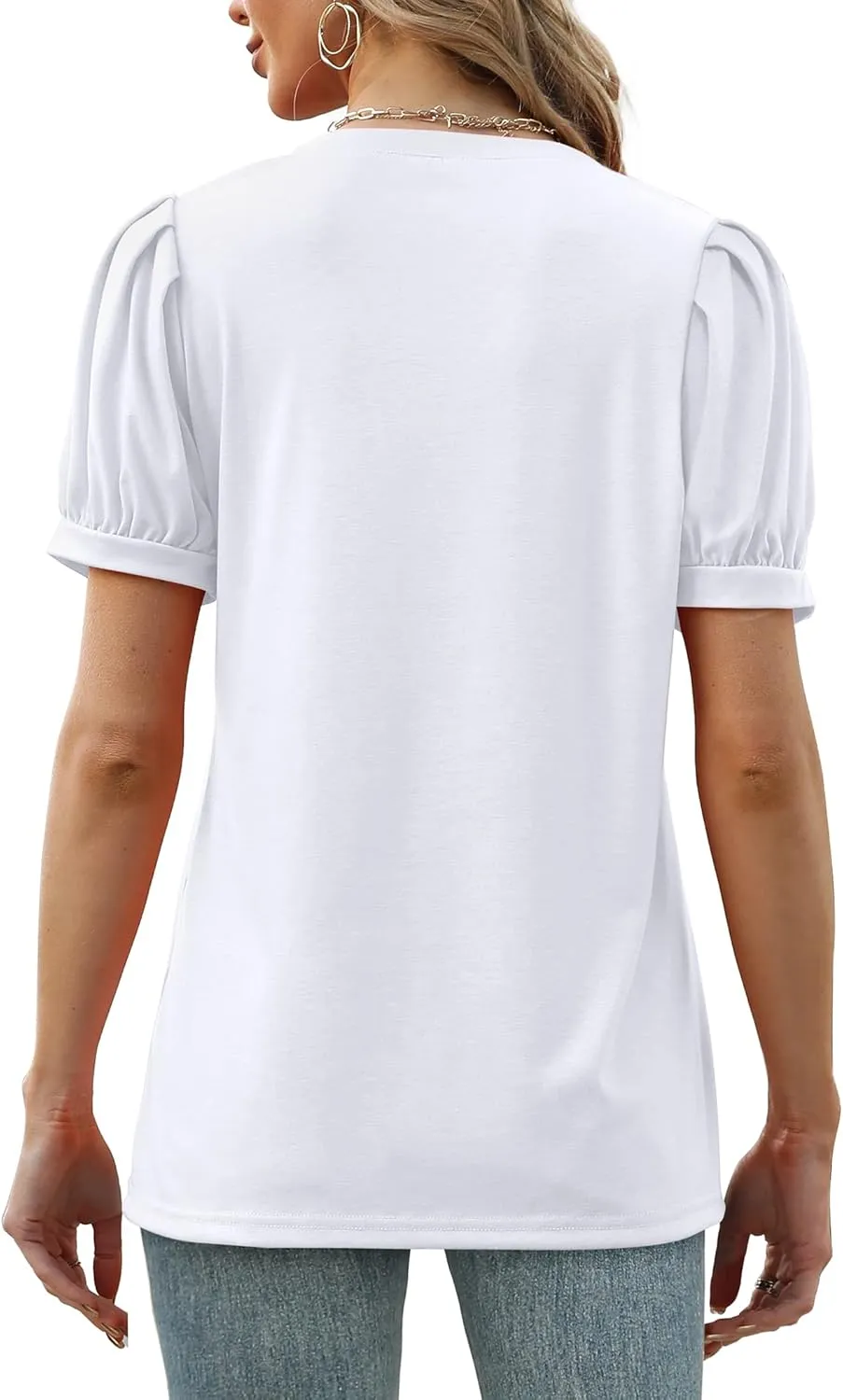 Geifa Womens Summer Tops Puff Short Sleeve V Neck T Shirts Loose Casual Tshirts