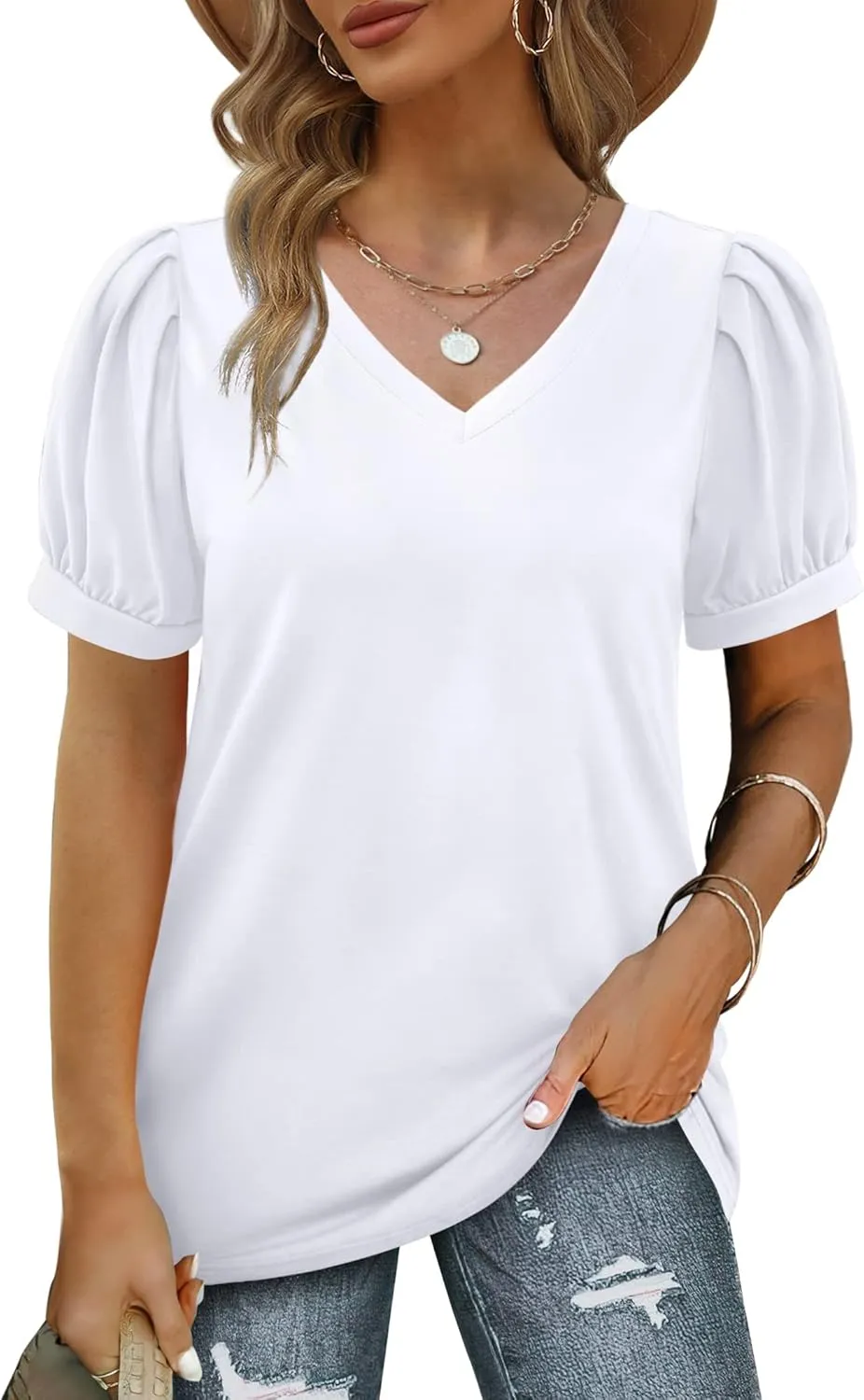 Geifa Womens Summer Tops Puff Short Sleeve V Neck T Shirts Loose Casual Tshirts