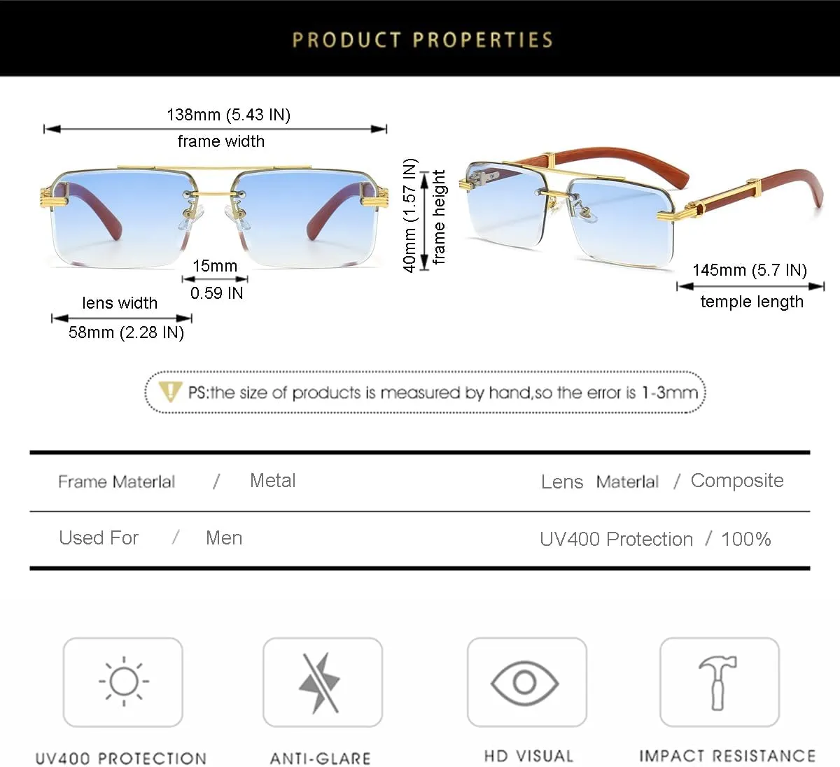 Gleyemor Mens Sunglasses Fashion Rimless Rectangle Sunglasses Square Frameless Sunglasses for Men