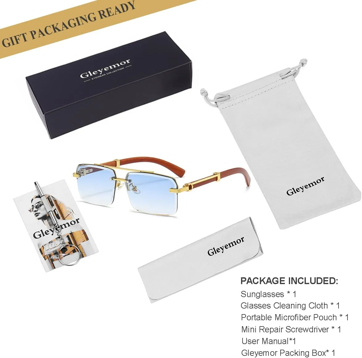 Gleyemor Mens Sunglasses Fashion Rimless Rectangle Sunglasses Square Frameless Sunglasses for Men