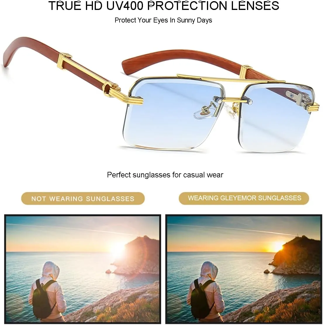 Gleyemor Mens Sunglasses Fashion Rimless Rectangle Sunglasses Square Frameless Sunglasses for Men