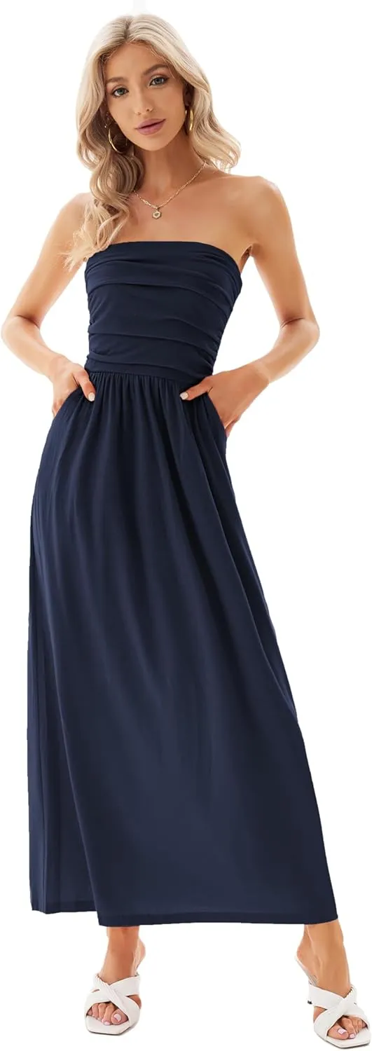 GRACE KARIN Women Strapless Casual Loose Ruched Long Maxi Dress with Pockets