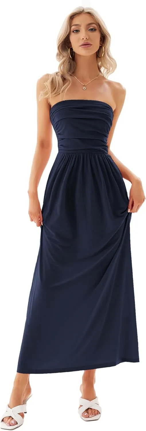 GRACE KARIN Women Strapless Casual Loose Ruched Long Maxi Dress with Pockets