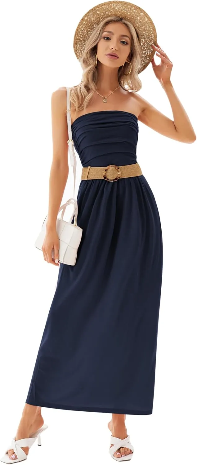 GRACE KARIN Women Strapless Casual Loose Ruched Long Maxi Dress with Pockets