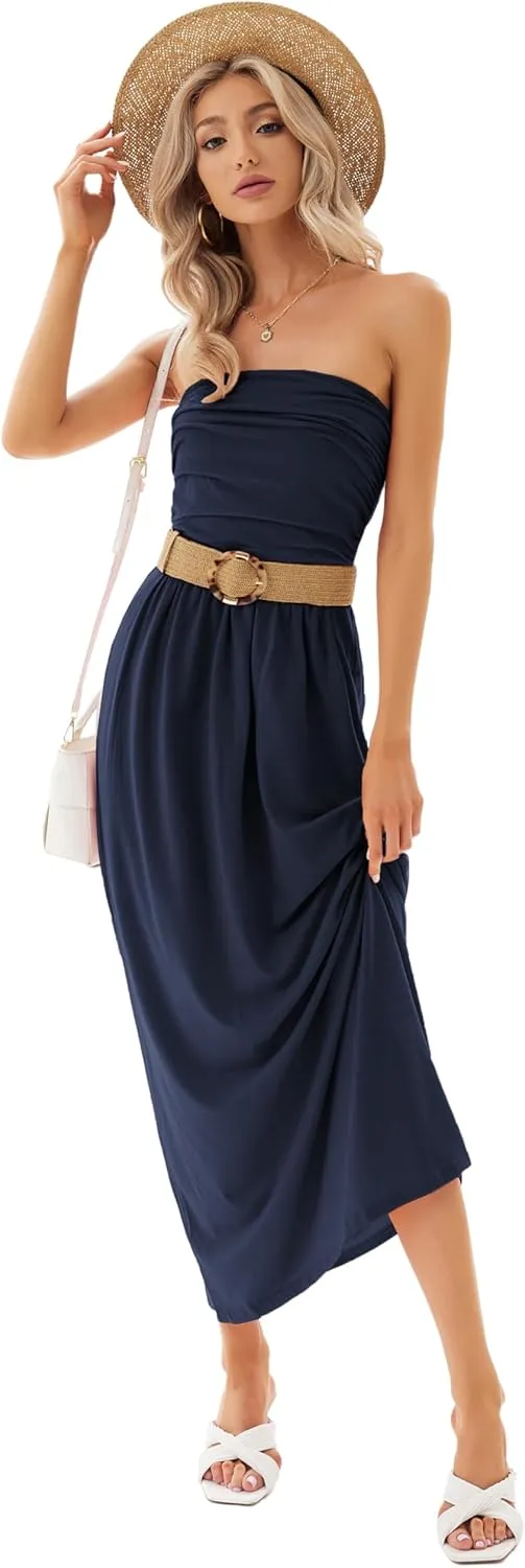 GRACE KARIN Women Strapless Casual Loose Ruched Long Maxi Dress with Pockets