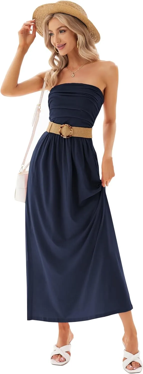 GRACE KARIN Women Strapless Casual Loose Ruched Long Maxi Dress with Pockets