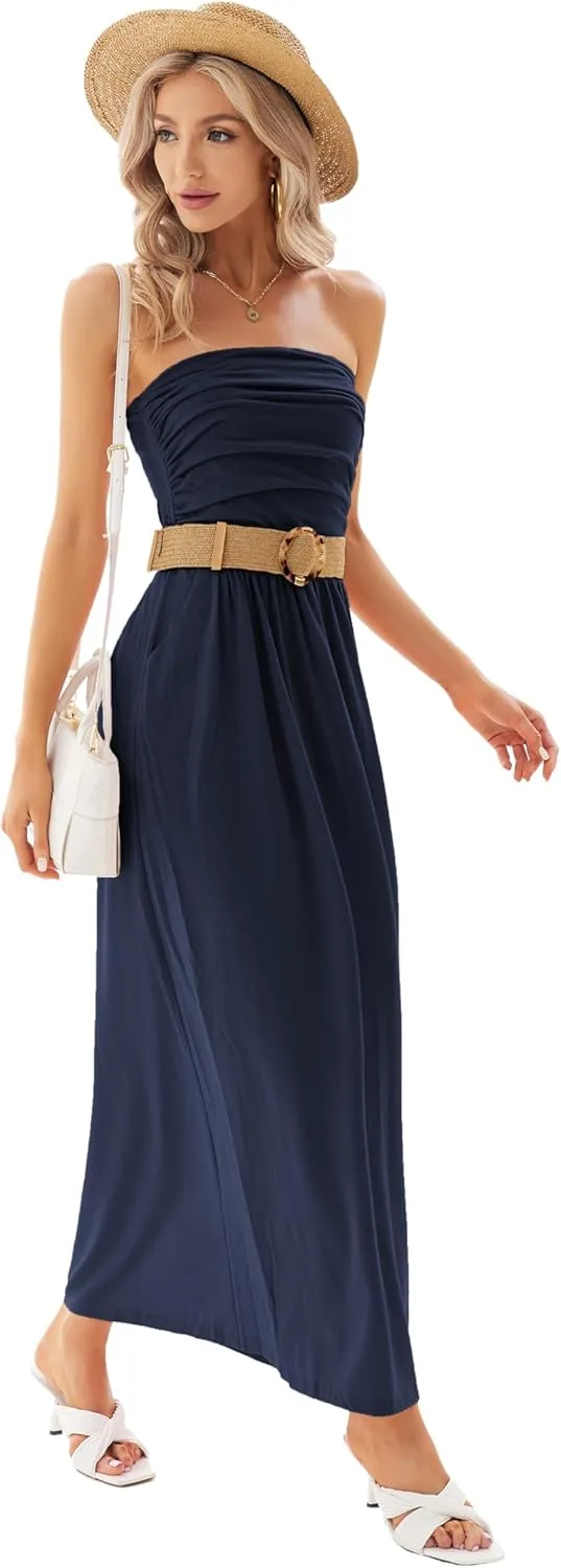 GRACE KARIN Women Strapless Casual Loose Ruched Long Maxi Dress with Pockets