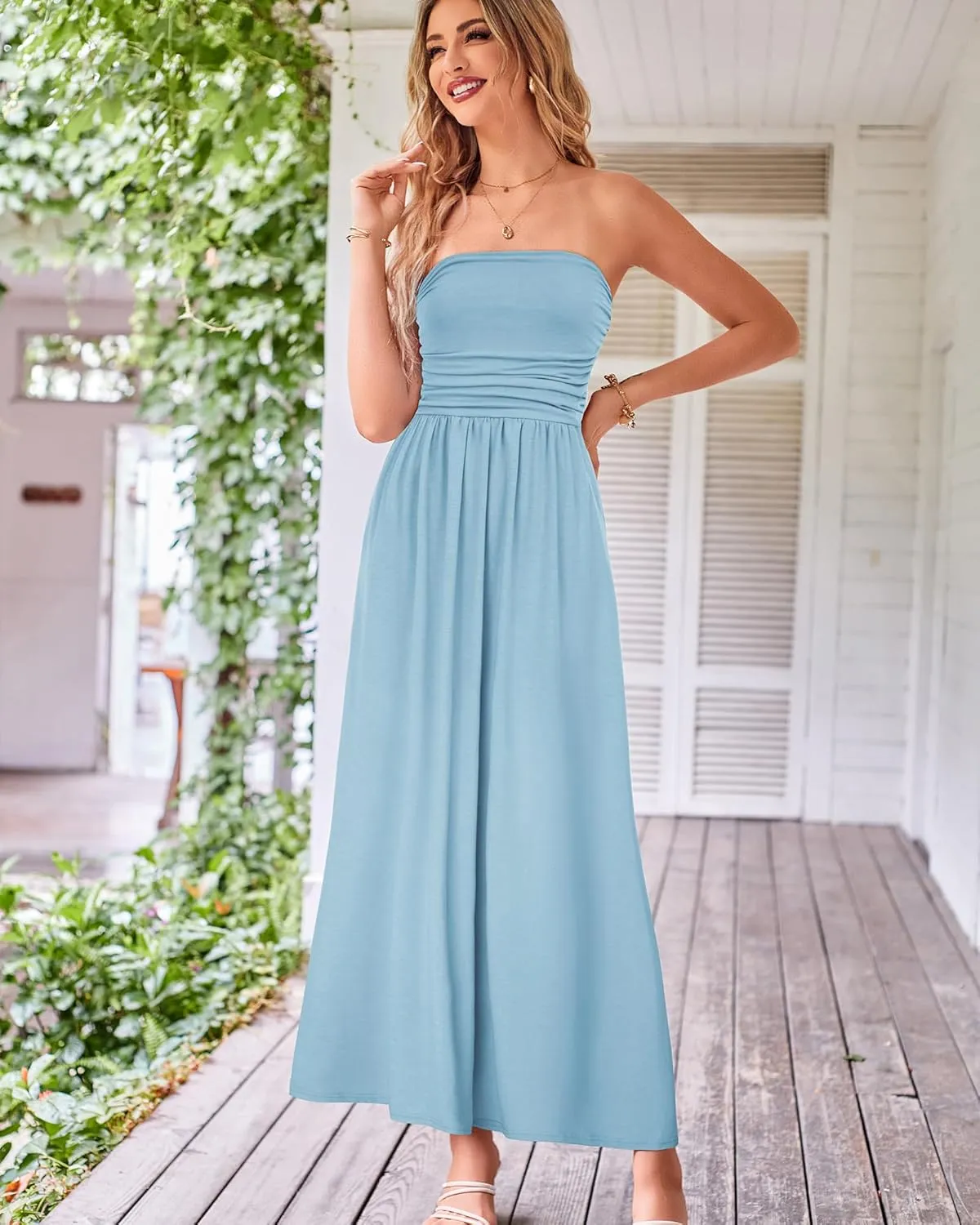 GRACE KARIN Women Strapless Casual Loose Ruched Long Maxi Dress with Pockets