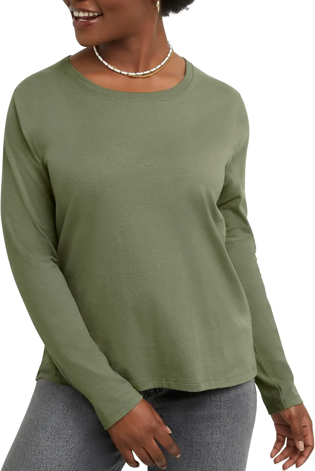 Hanes Women's Long Sleeve Cotton T-Shirt, Lightweight Crewneck Tee for Women, Modern Fit