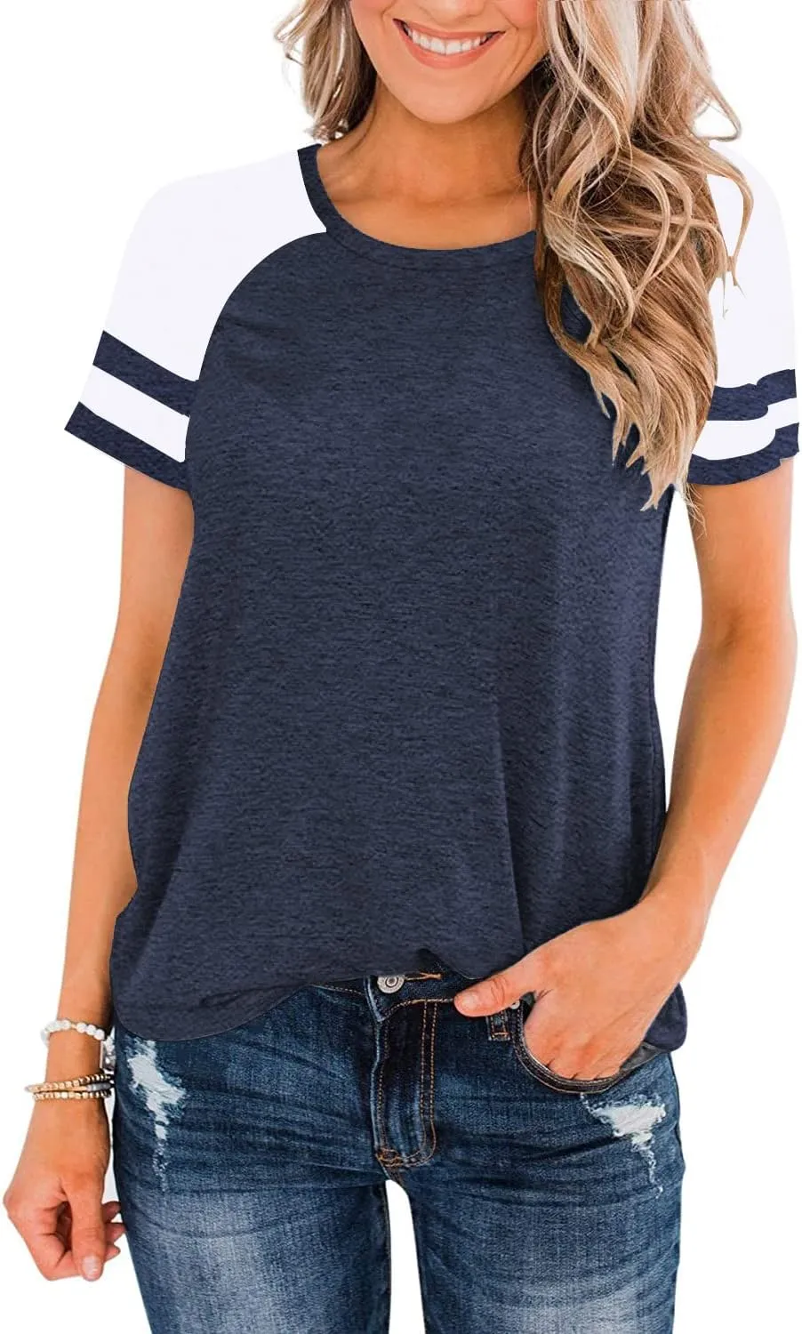 Heymiss Womens Shirts Casual Tunic Tops Color Block Crewneck Summer Loose Fitting Workout Tee Shirts