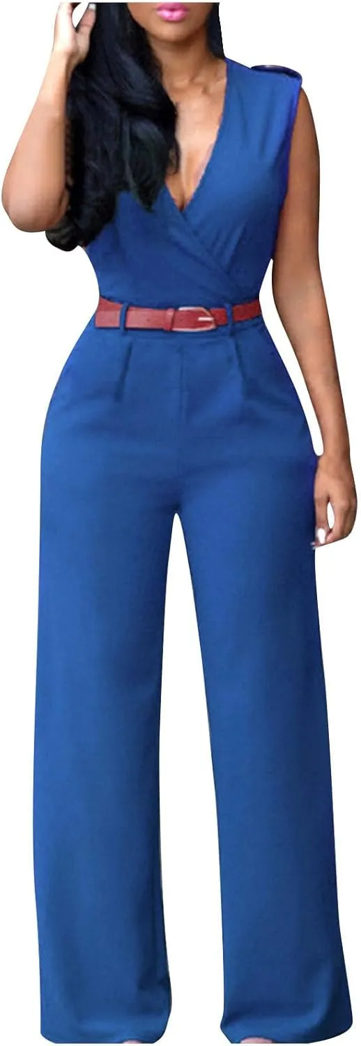 hlysgo Jumpsuits For Women Dressy Casual Slim Fit Office Work One Piece Overalls Sleeveless V Neck Wrap Rompers with Pockets